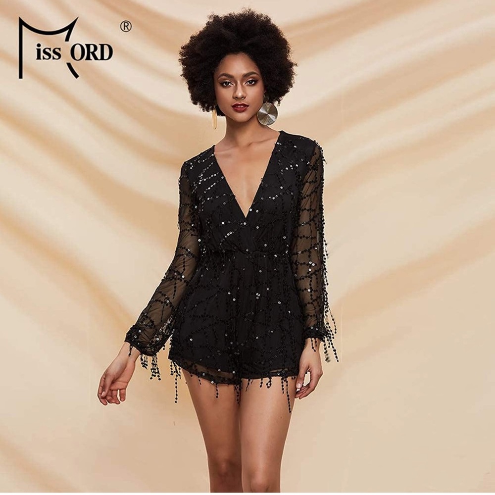 Miss ord Long Sleeve Slim Soft Lining Casual Jumpsuit Romper with Sequins
